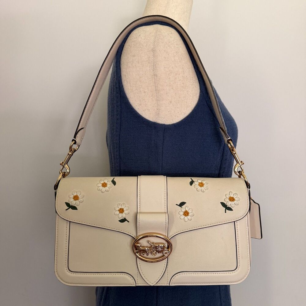 Coach Georgie Leather Bag Shoulder Crossbody Daisy Floral Embroidery Gold Chalk